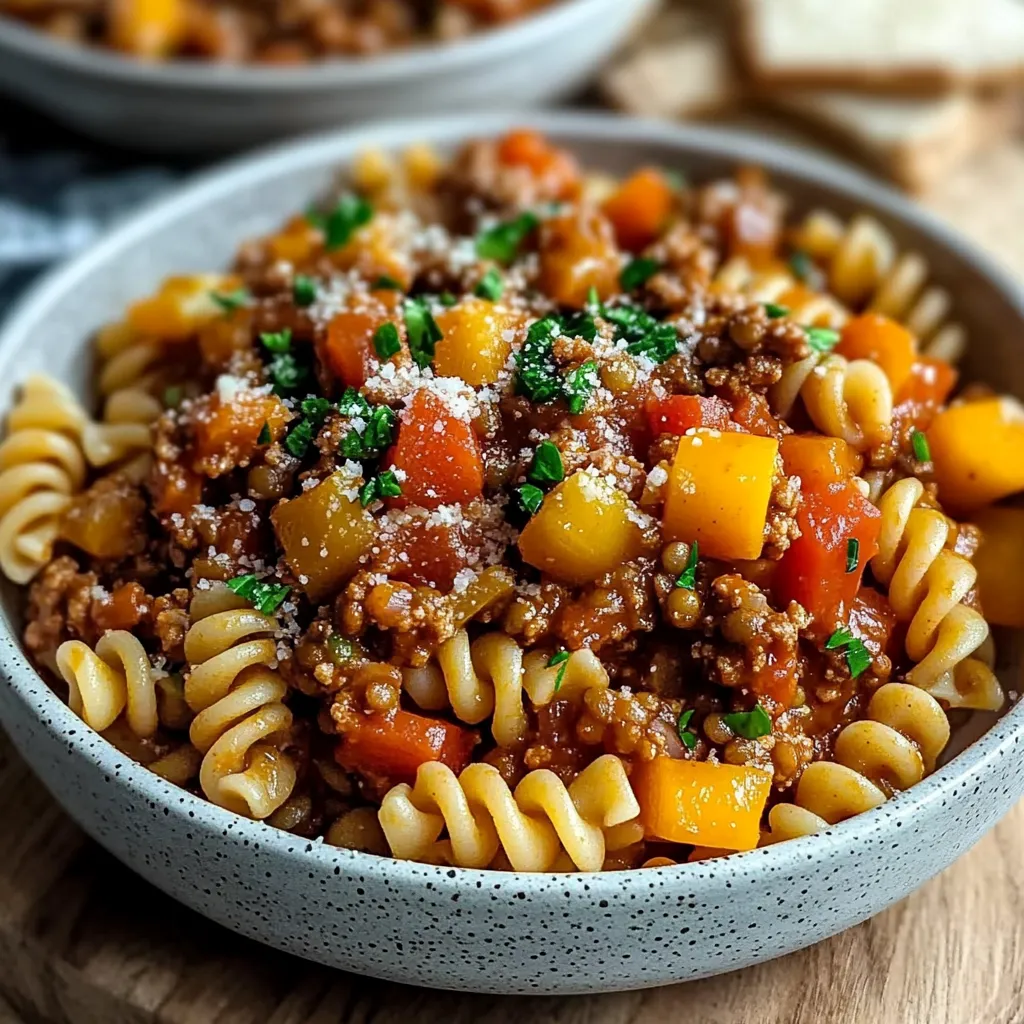 Ein Schälchen mit Pasta und Beef-Sauce.