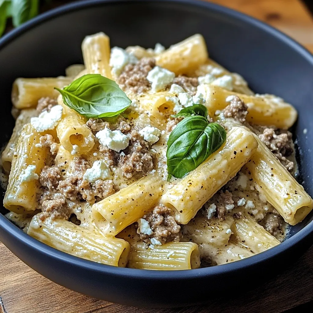 Ein schwarzes Bowl mit Penne-Nudeln und gegrilltem Fleisch.