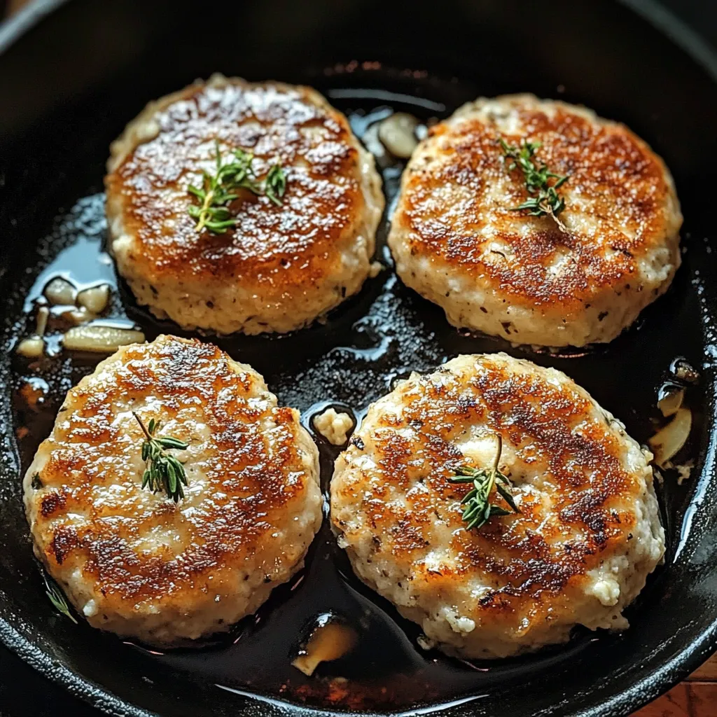 Ein Schmelztopf mit vier Fleischkloben, die mit Zwiebeln und Knoblauch garniert sind.
