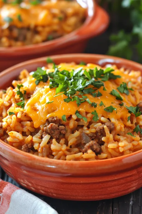 Ein Topf mit Rice und Käse.