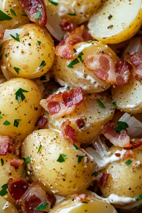 Eine Sch&uuml;ssel mit Bacon-topped potatoes, garniert mit Parsley.