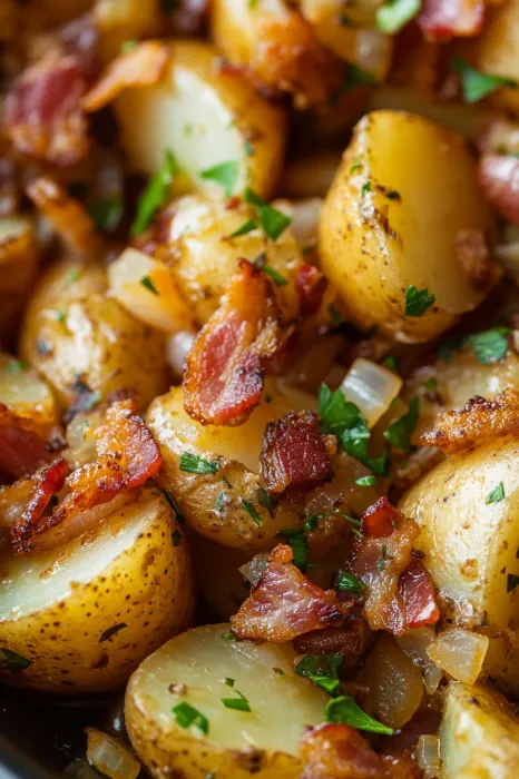 Eine Sch&uuml;ssel mit Bacon, Zwiebeln und Kartoffeln.