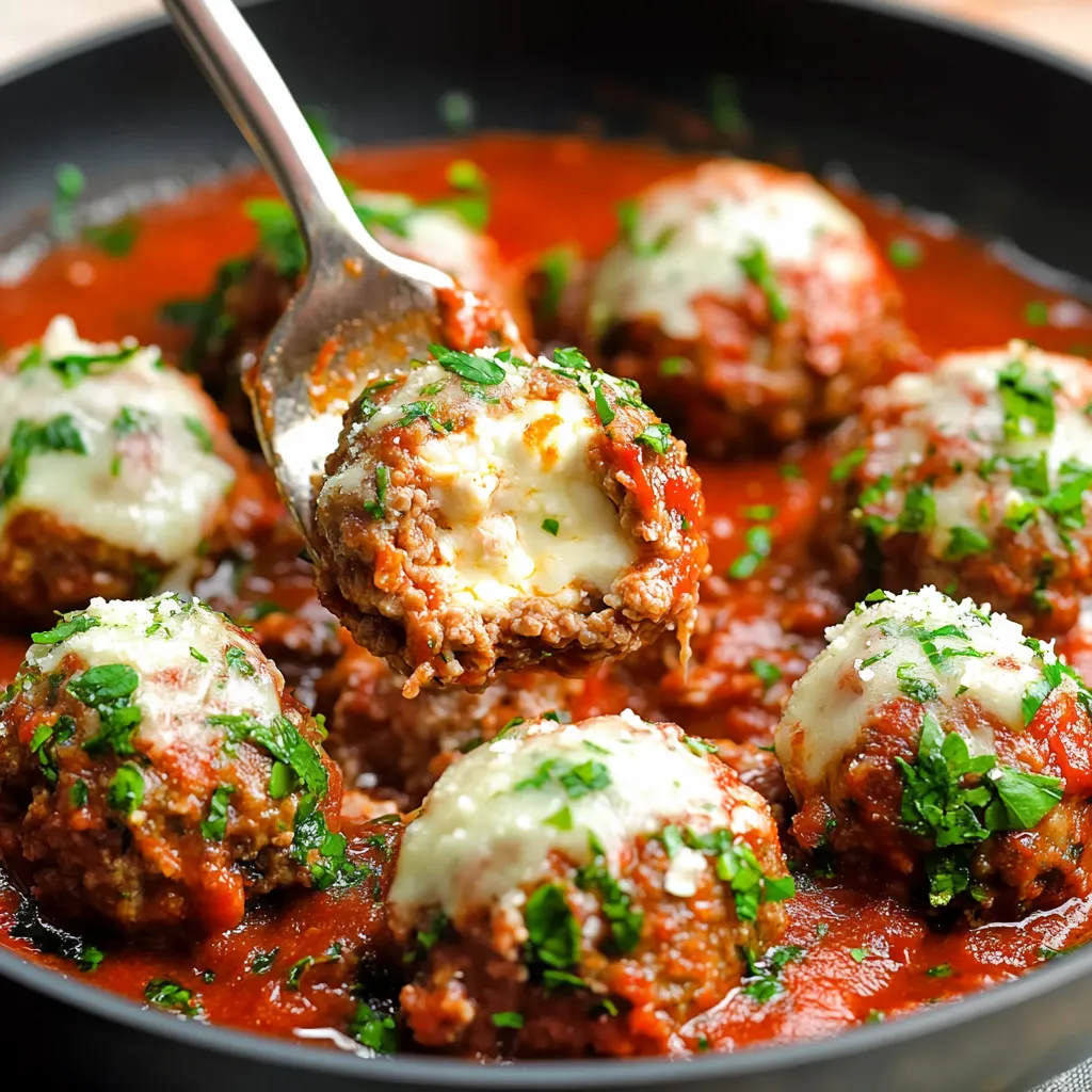 Ein schwarzes Teller mit einer Mischung aus Käse, Tomaten und Sauce. Ein Löffel wird in die Mischung gestoßen.