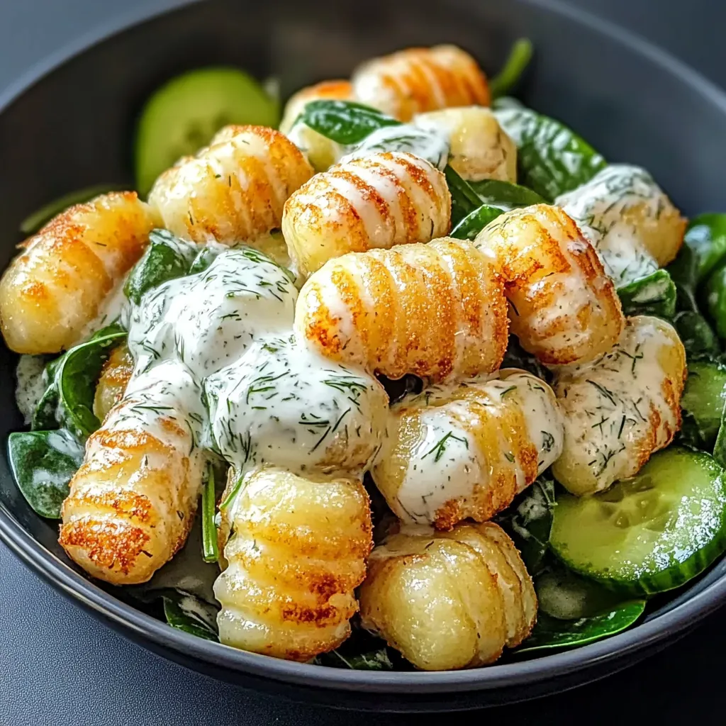 Ein schwarzes Bowl mit einer Mischung aus Zwiebeln, Kichererbsen, Zucchini und einer cremigen Sauce.