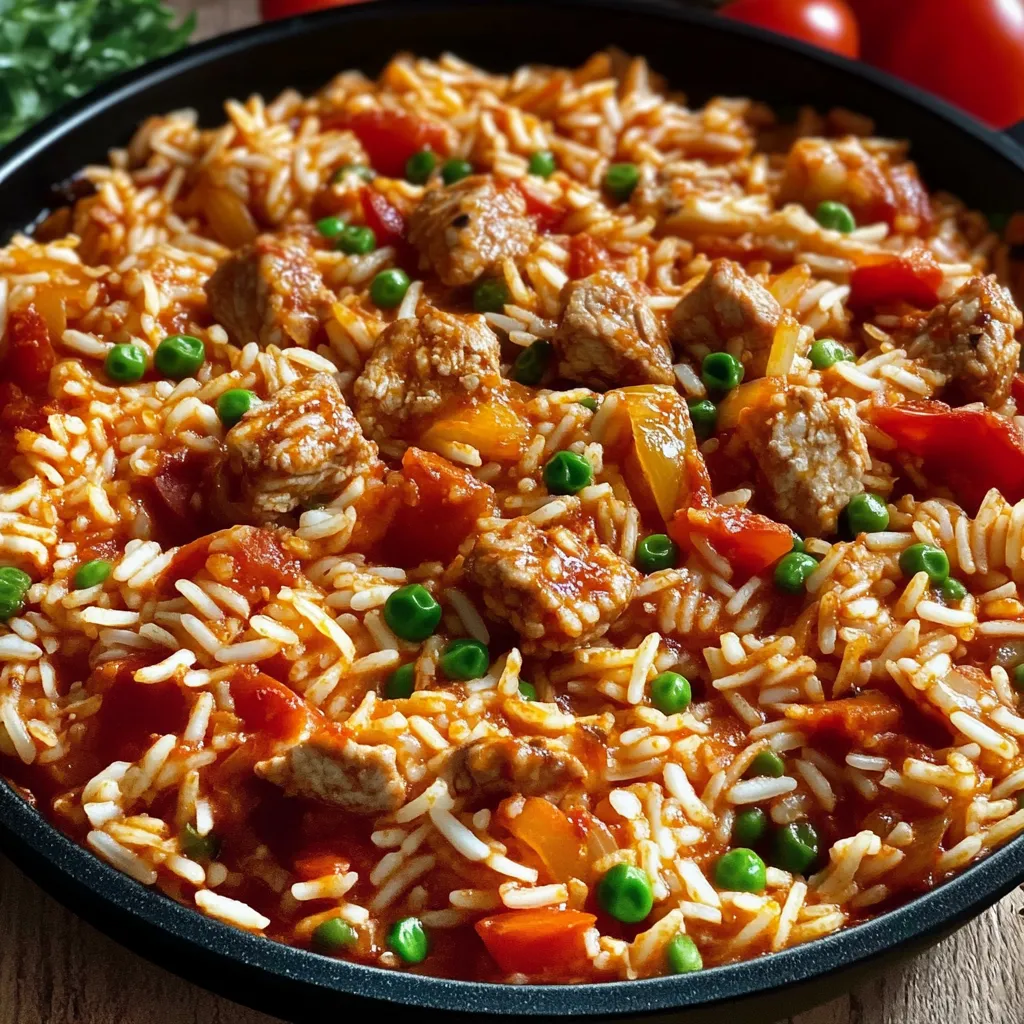 Ein schönes Rice-Gericht mit vielen Zutaten wie Peas, Tomaten, Paprika, Zwiebeln und Koriander.