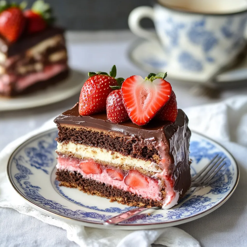 Eine Schokoladenkuche mit Strawberries auf einem Teller.