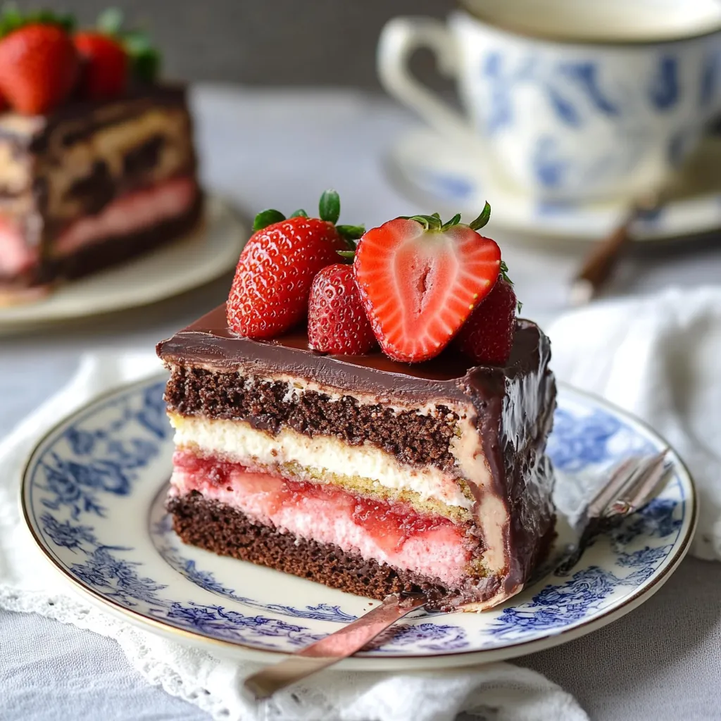 Eine Schokoladenkuche mit Strawberries auf einem Plate.
