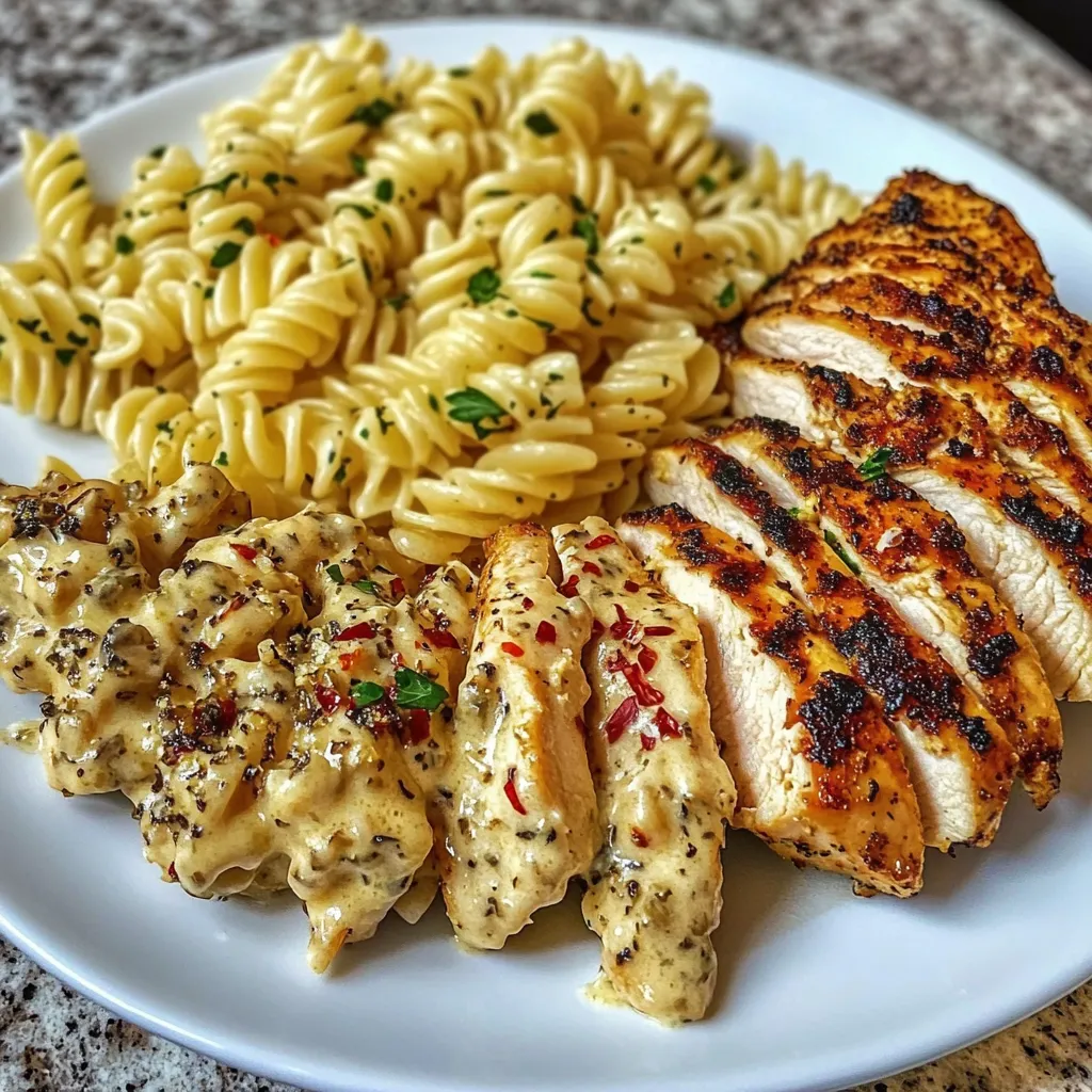 Ein weißer Teller mit Pasta, Käse und Chicken.