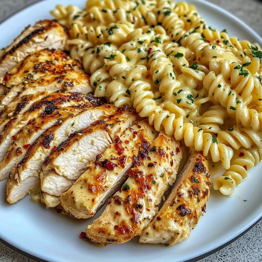 Ein weißer Teller mit einer Kombination aus Pasta, Käse und Gemüse.