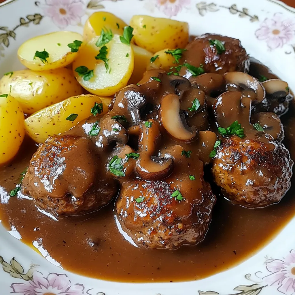 Ein Plate mit gegrillten Fleischballen, Möhren, Kartoffeln und Sauce.