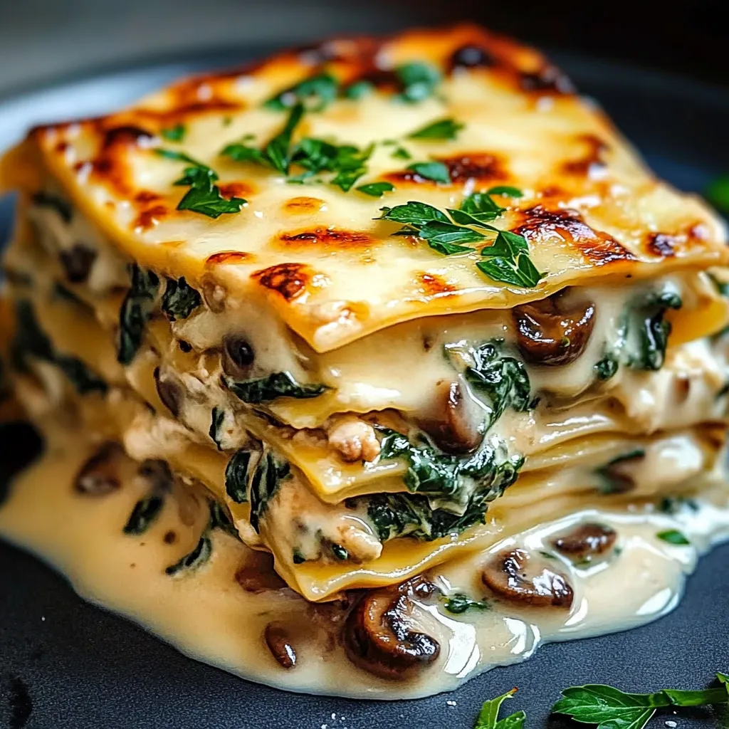 Eine Schicht aus Spinat, Käse und Mushrooms auf einem Teller.