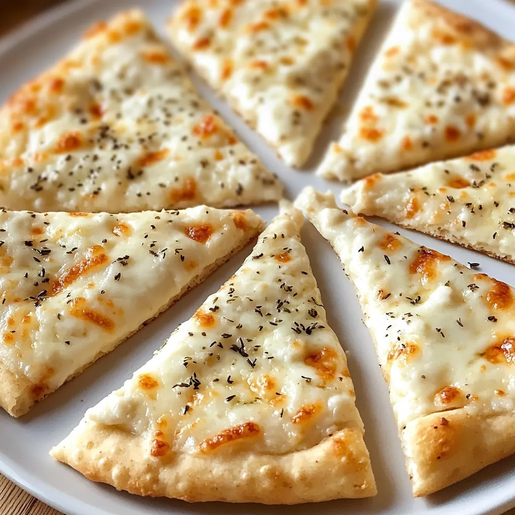 Eine Platte mit sechs Scheiben von Pizza mit Käse und Kräutern darauf.