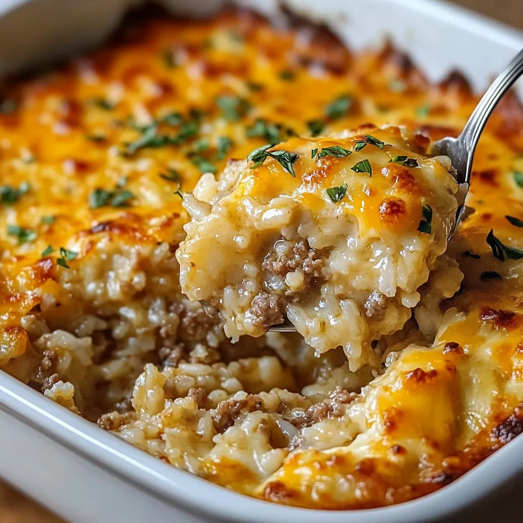 Ein weißer Teller mit einer Mischung aus Käse, Rice und Zwiebeln.