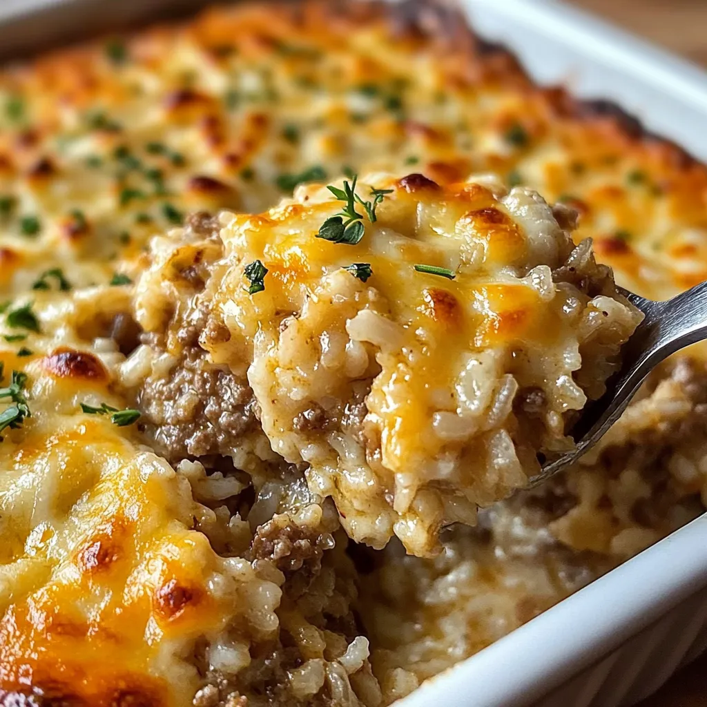 Ein weißer Teller mit einer Rice-Käse-Mischung, die mit einer Gabel gegriffen wird.