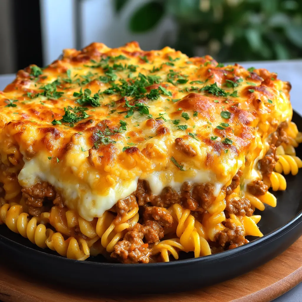 Eine Platte mit Pasta und Käse, die auf einem Holzblock steht.