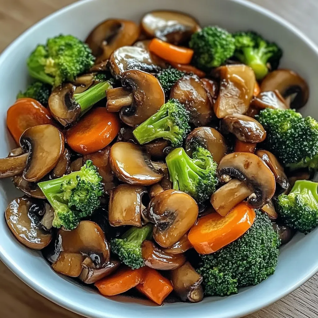 Ein weißer Teller mit einer Mischung aus Mushrooms, Broccoli und Karotten.