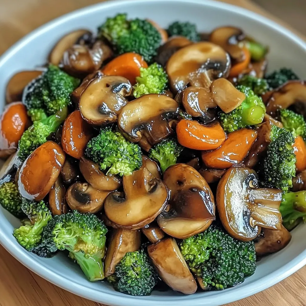 Ein weißer Teller mit einer Mischung aus Broccoli, Mushrooms und Karotten.
