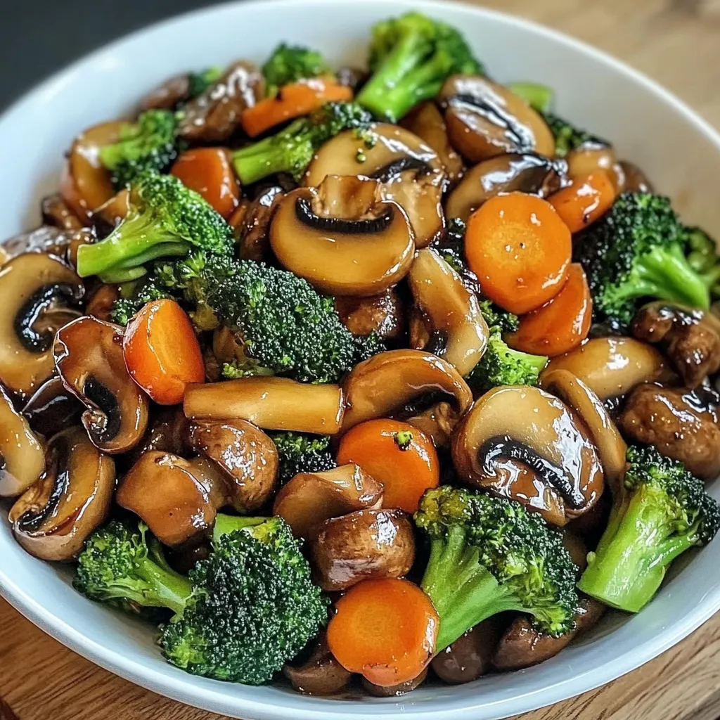Ein weißer Teller mit einer Mischung aus Gemüse, darunter Brokkoli, Karotten und Champignons.