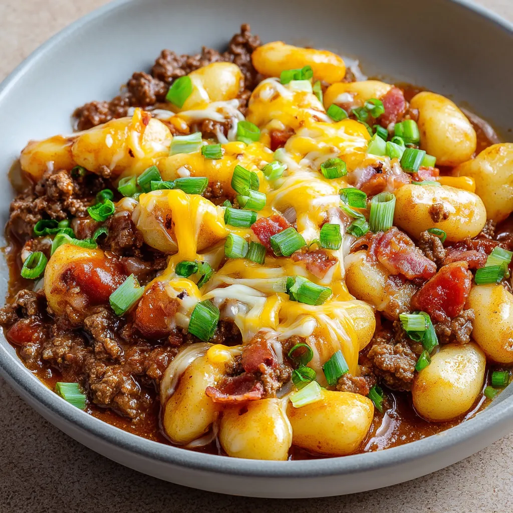 Ein Schüssel mit Kartoffeln, Bacon, Cheddar und Tomaten.
