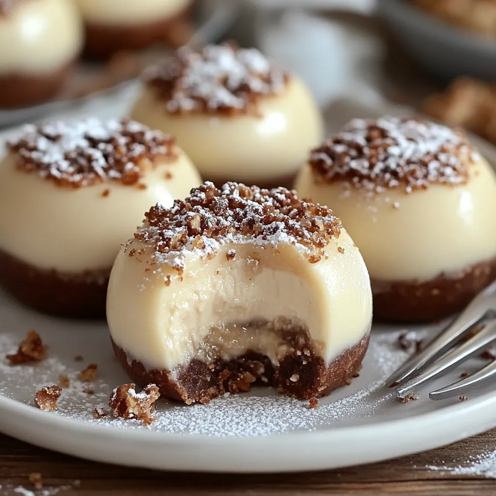 Ein weißer Teller mit sechs weißen Desserts, die mit Zucker und Nüssen bestreut sind.
