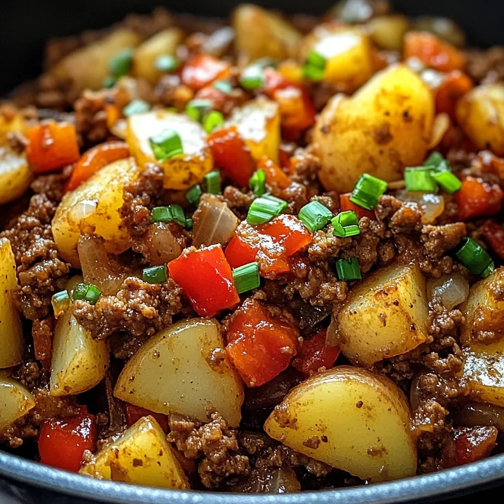 Ein Bild von einer Schüssel mit gegrilltem Fleisch, gegrillten Paprika, Zwiebeln und Kartoffeln.