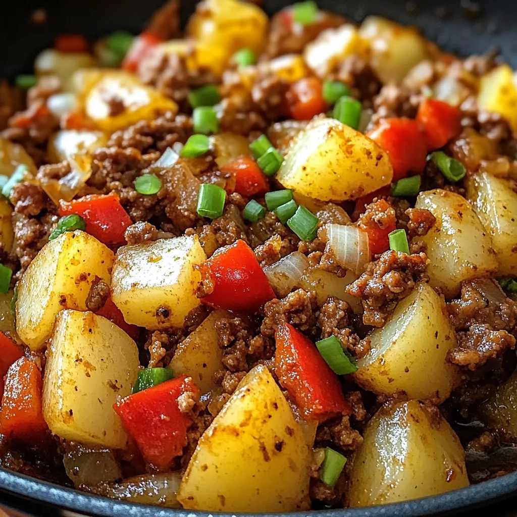 Ein Bild von einer Schüssel mit gegrilltem Fleisch, Zwiebeln und Kartoffeln.