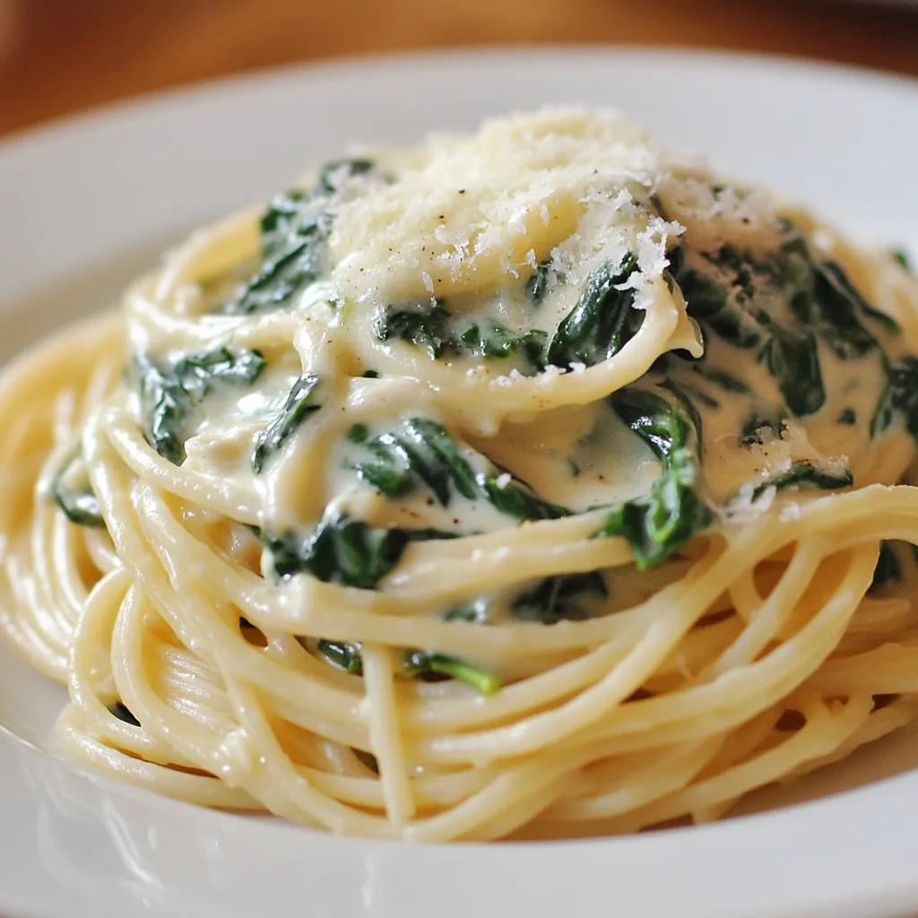 Ein weißer Teller mit Spaghetti und Spinat.