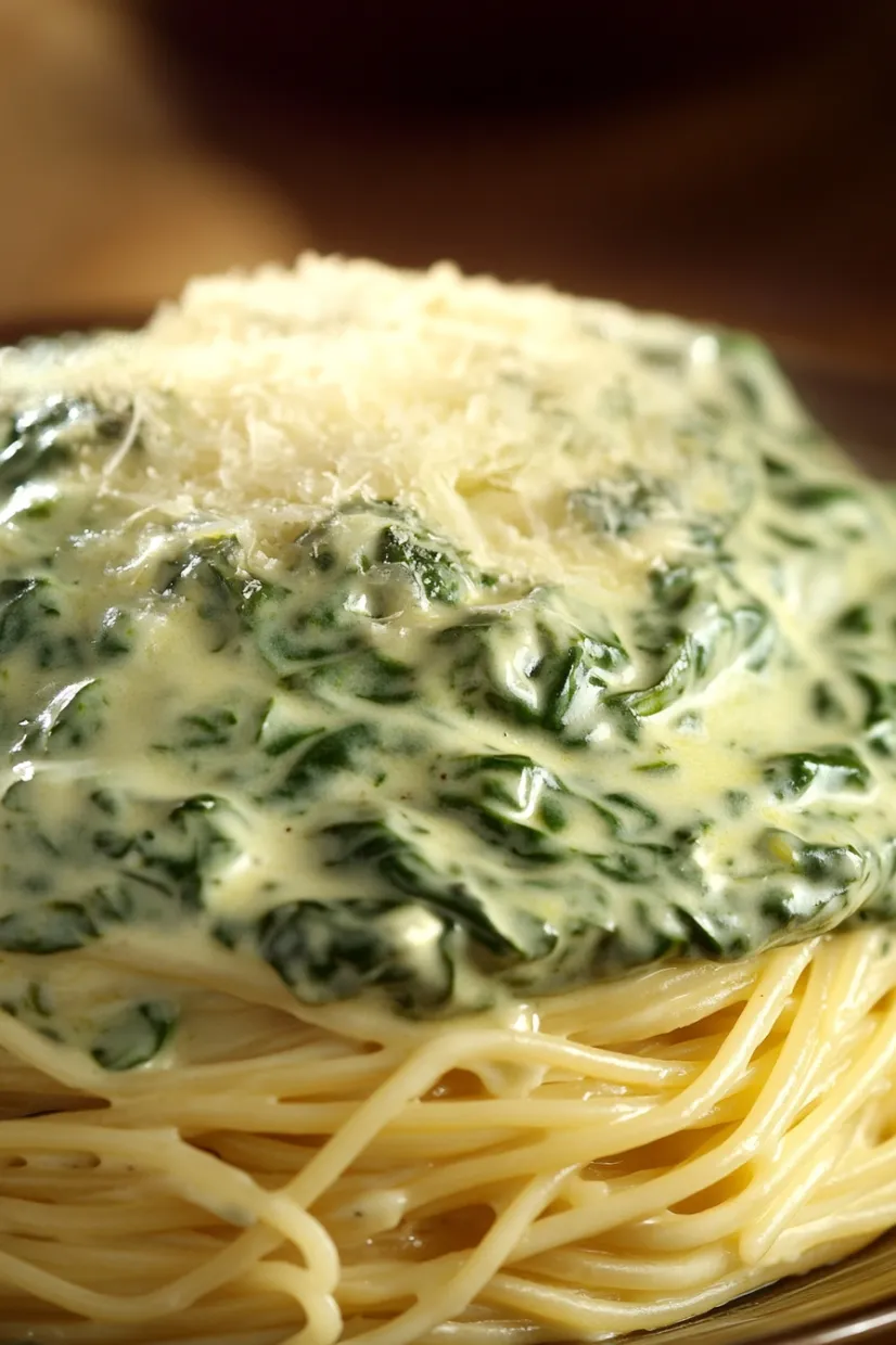 Eine Schüssel mit Spaghetti und einer Mischung aus Spinat und Käse.