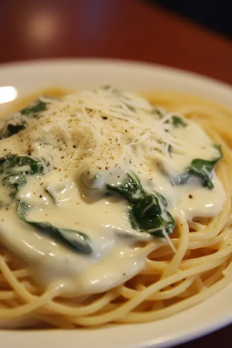 Ein Pasta-Dish mit Spinat, Käse und Tomaten.