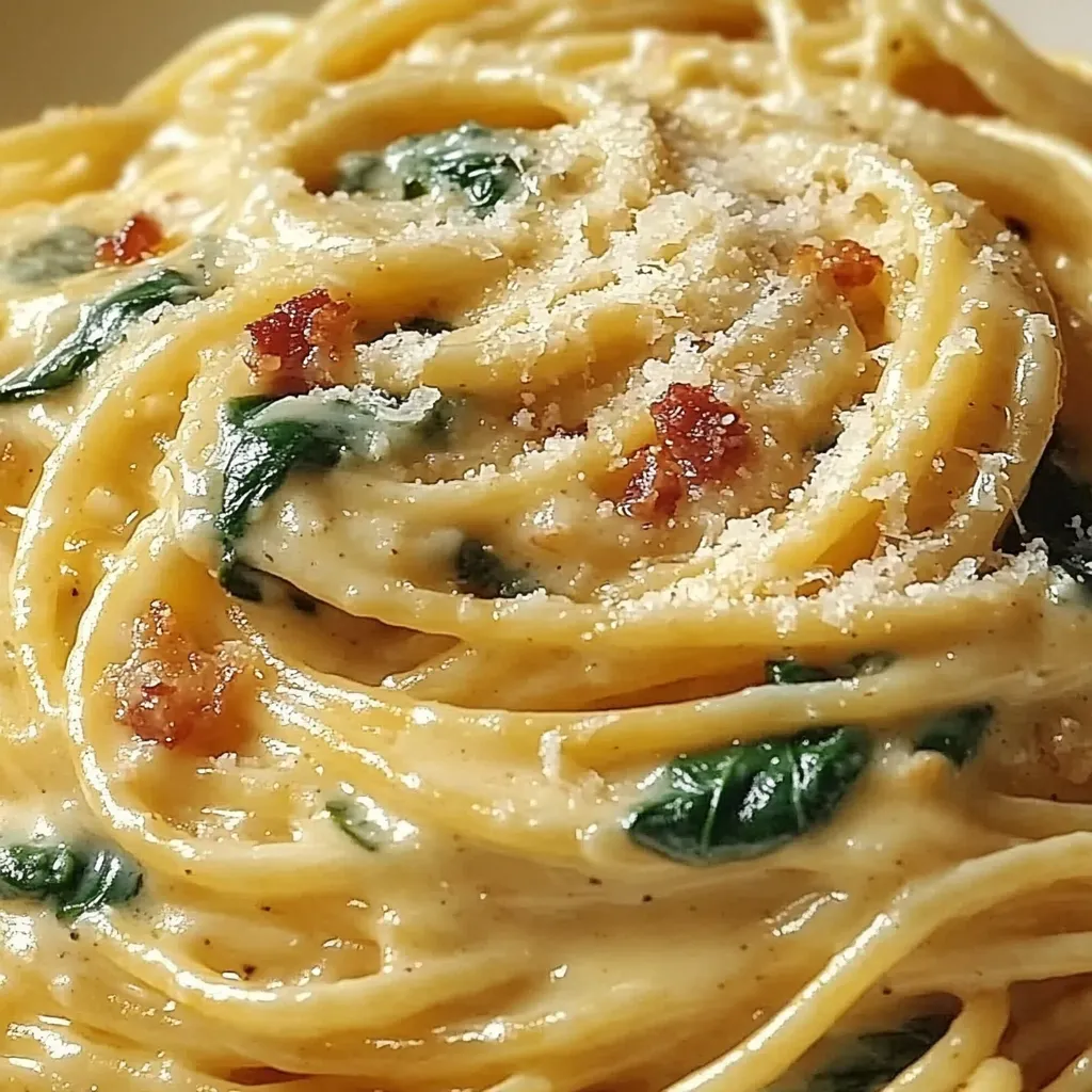 Eine Platte mit Pasta, die mit Bacon und Spinat garniert ist.