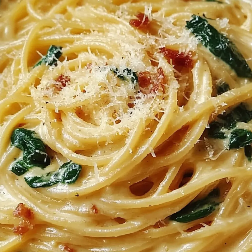 Eine Platte mit Pasta, Bacon und Spinat.