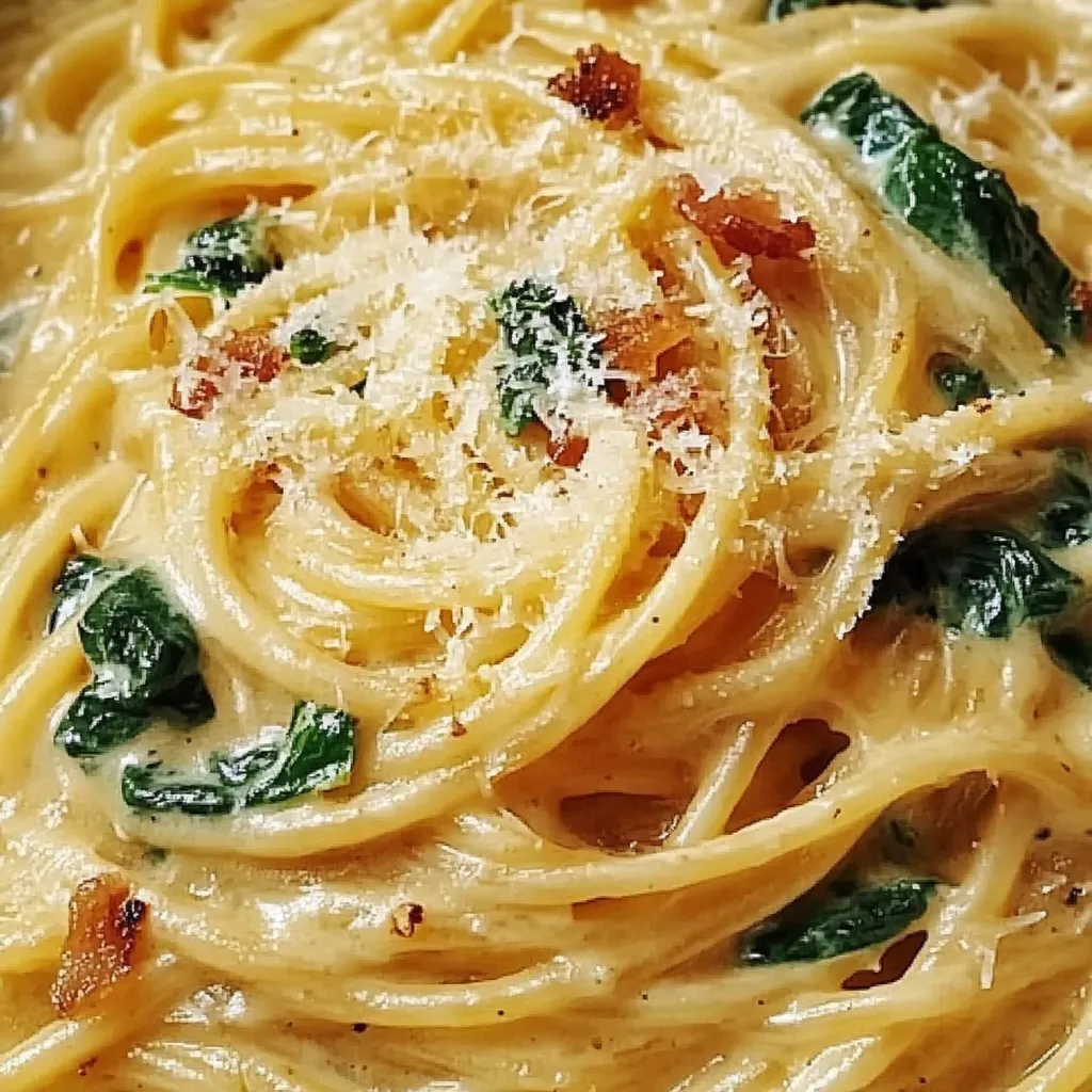 Eine Schüssel mit Pasta, die mit Spinat und Parmesan belegt ist.