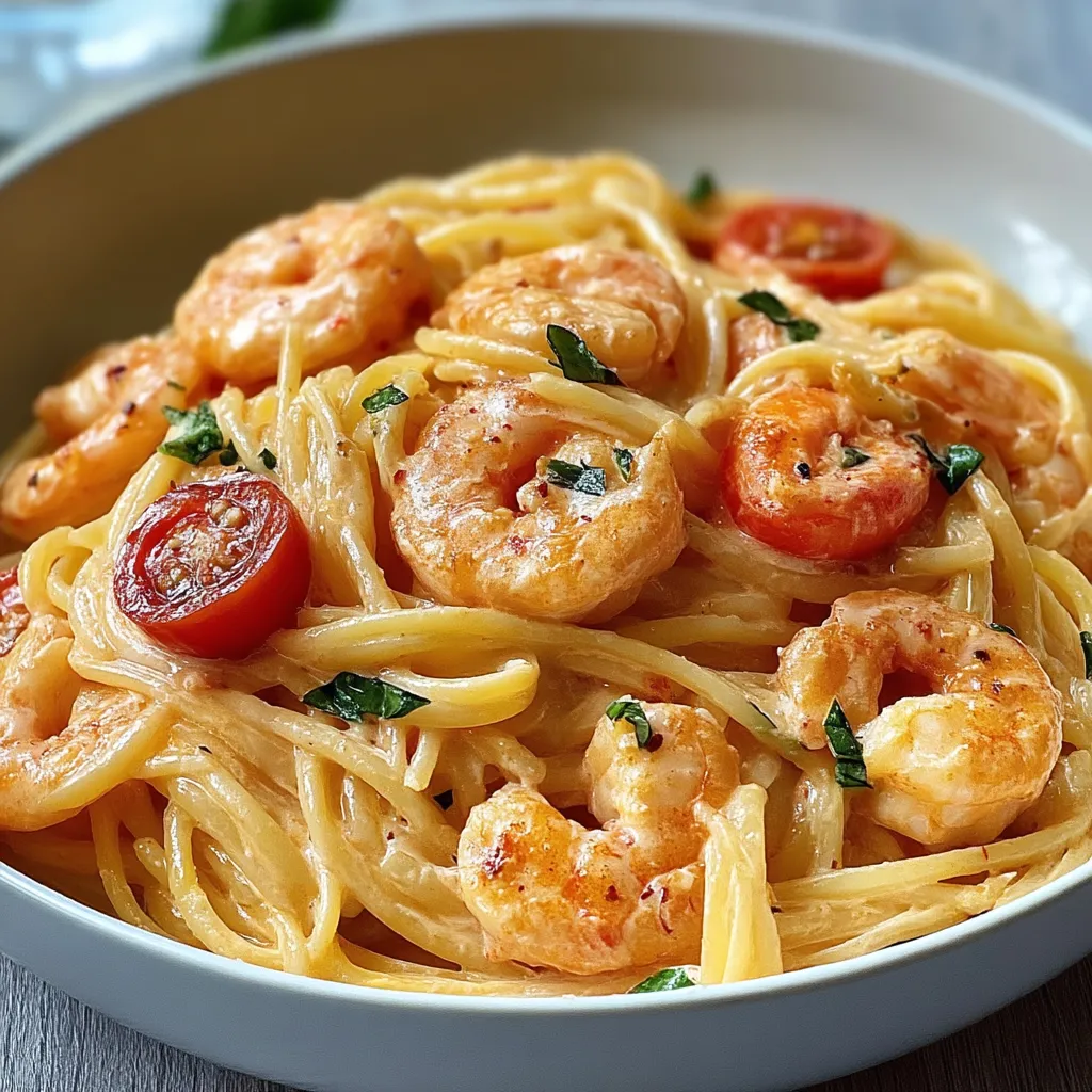 Ein weißer Teller mit Pasta, Tomaten, Zwiebeln und Shrimp.