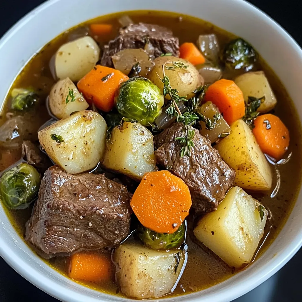 Ein weißer Becher mit einer Mischung aus Fleisch, Gemüse und Kartoffeln.