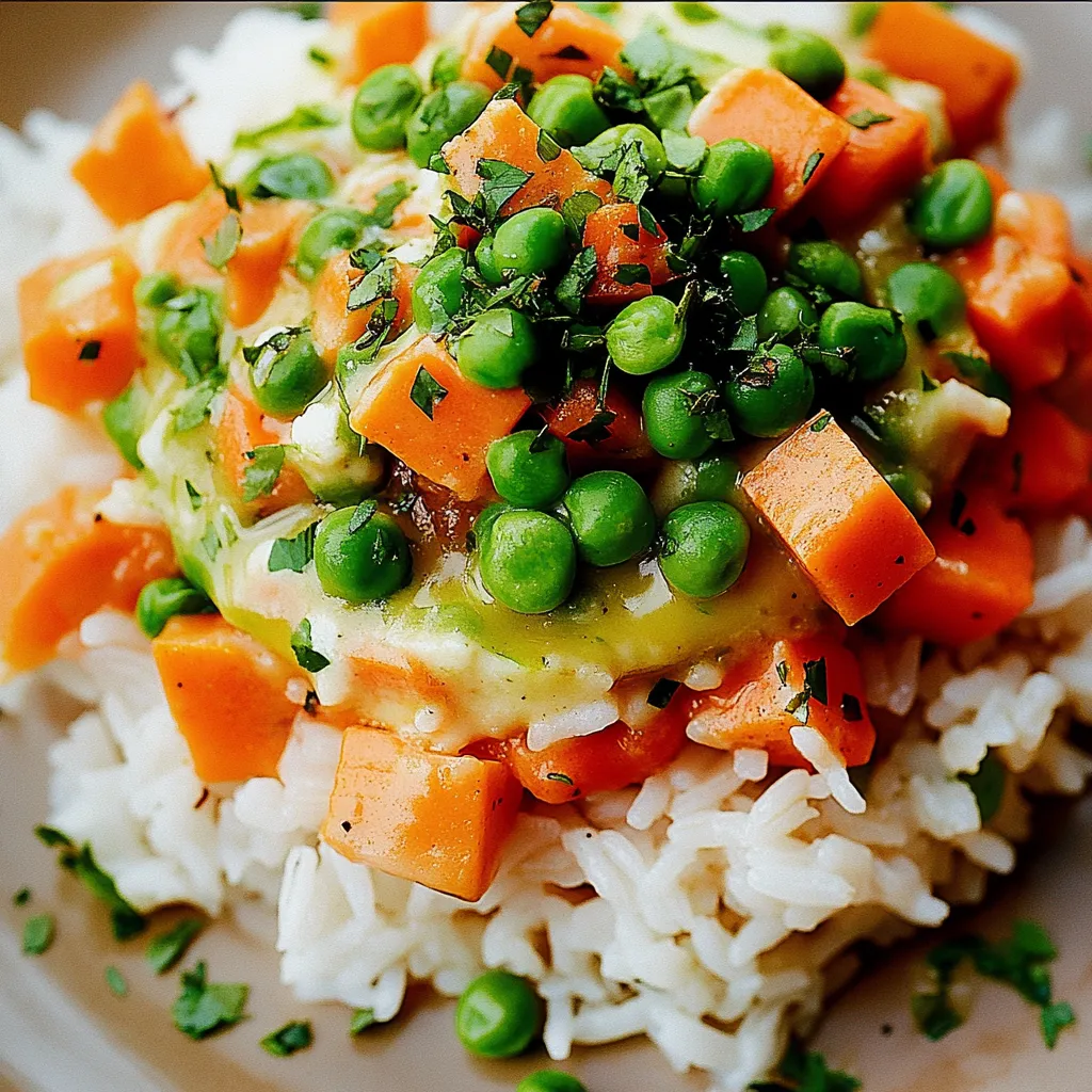 Ein Bild von einer Mahlzeit, die aus Rice, Peas, Carrots und Zwiebeln besteht.
