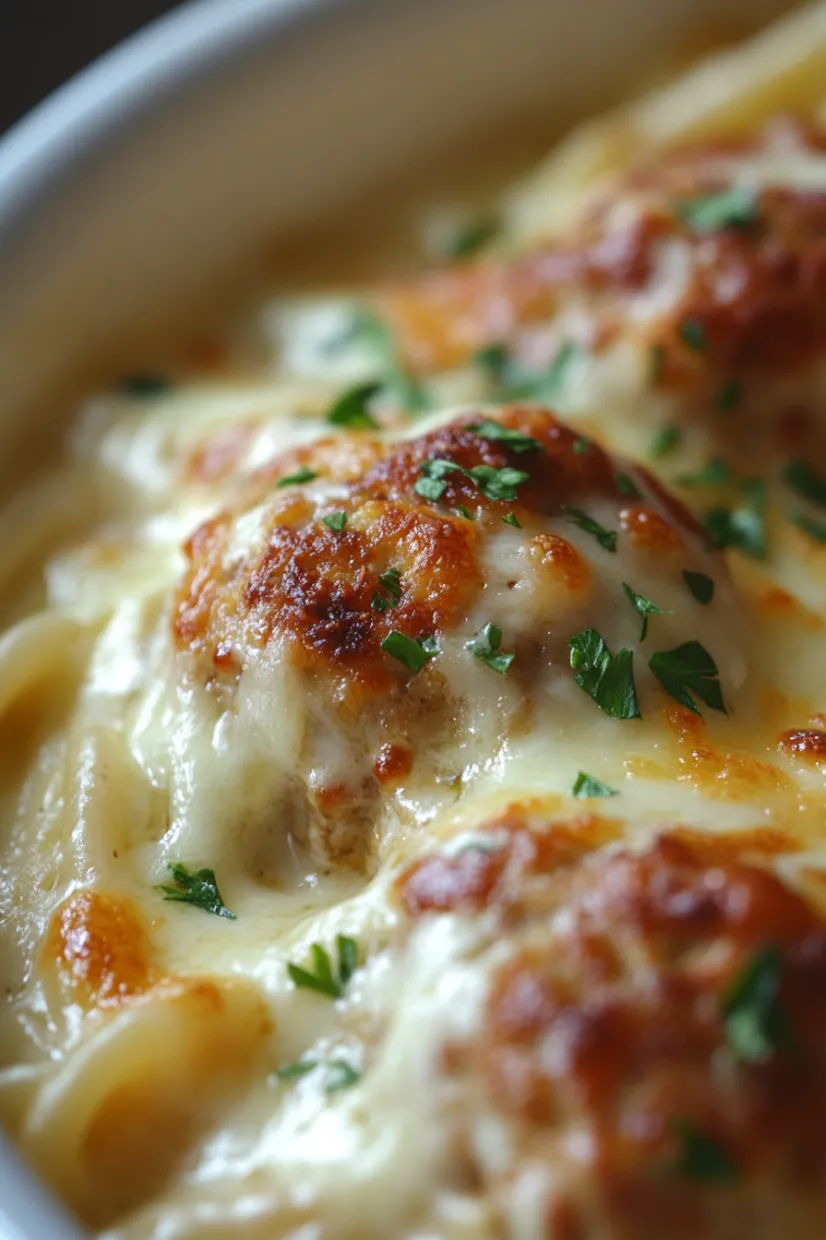Eine Schüssel mit Käse- und Kartoffelkloßen, die in einer Sauce serviert werden.