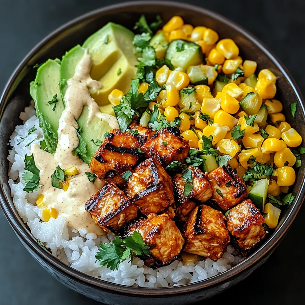 Ein schwarzes, glänzendes Bowl mit einer Mischung aus Rice, Kokosmilch, Avocado, Kartoffeln, Korn, Zwiebeln, Tomaten, Paprika, Koriander und Garnelen.
