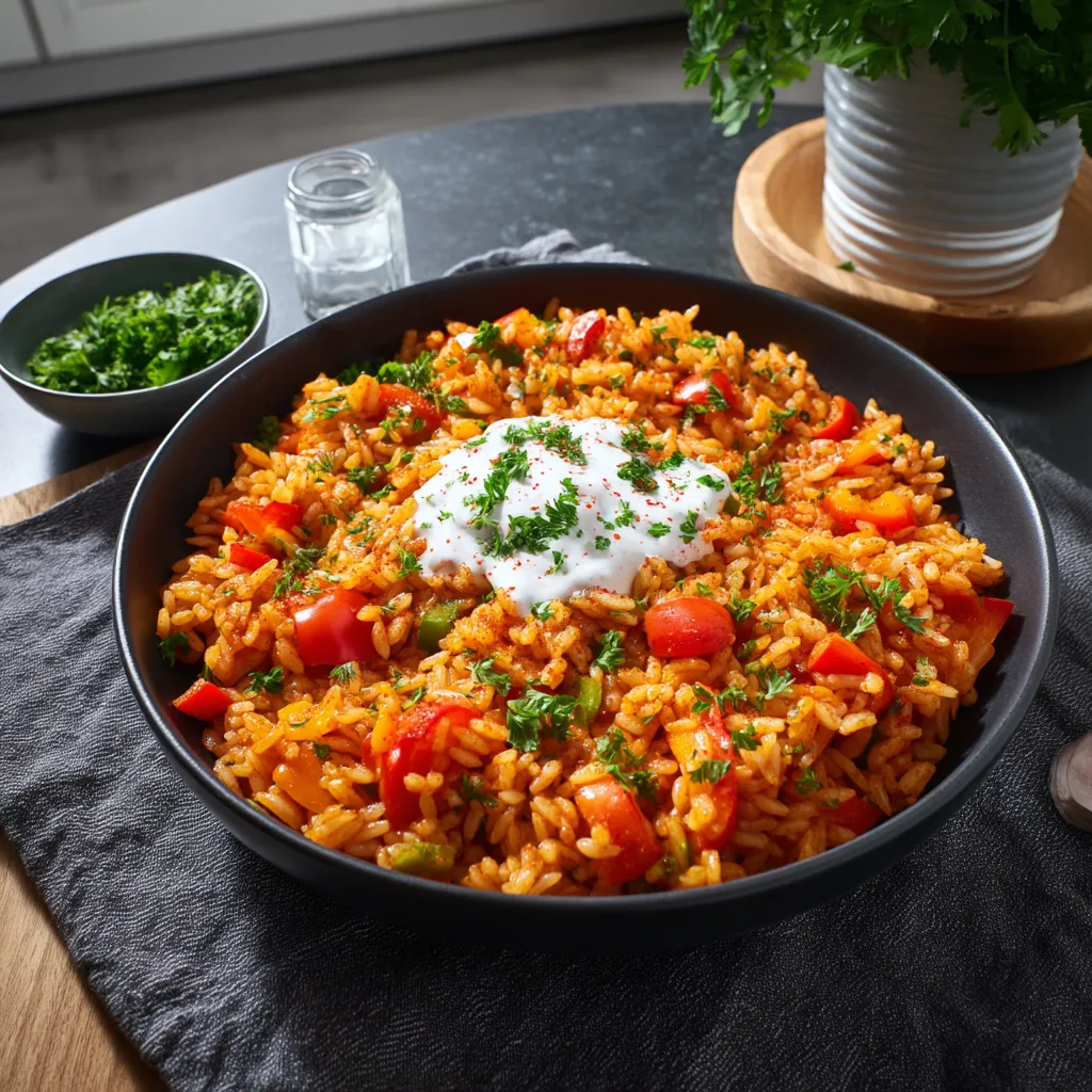 Ein großes, schönes, leckeres Rice-Gericht mit Tomaten, Zwiebeln, Koriander und Mayonnaise auf einem Tisch.