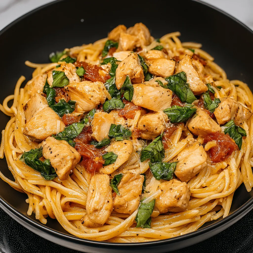 Ein schwarzes, mit Spaghetti gefülltes, mit Chicken und Spinat garniertes Gericht.