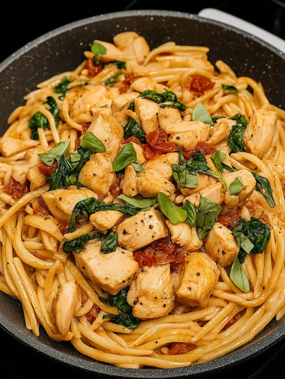 Ein Bild von einer Pasta-Garnitur mit Chicken, Spinat und Tomaten.