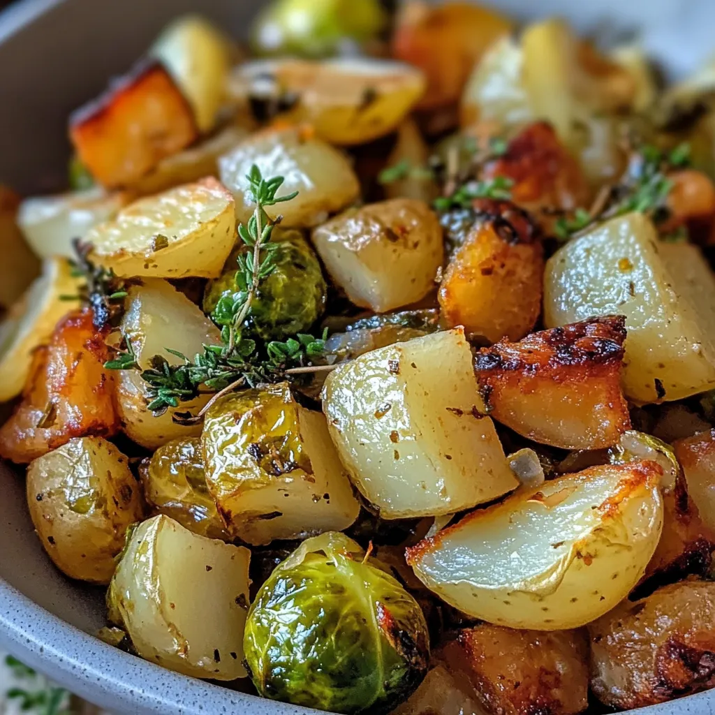 Ein großer Topf mit einer Mischung aus Kartoffeln, Brusselkartoffeln und Zwiebeln.