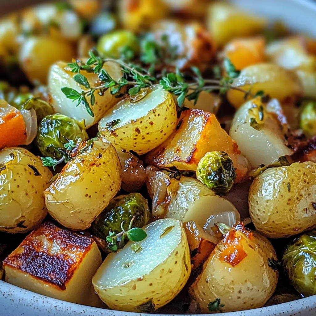 Ein weißer Teller mit einer Mischung aus Gemüse, darunter Zwiebeln, Brusselkartoffeln und Kartoffeln.