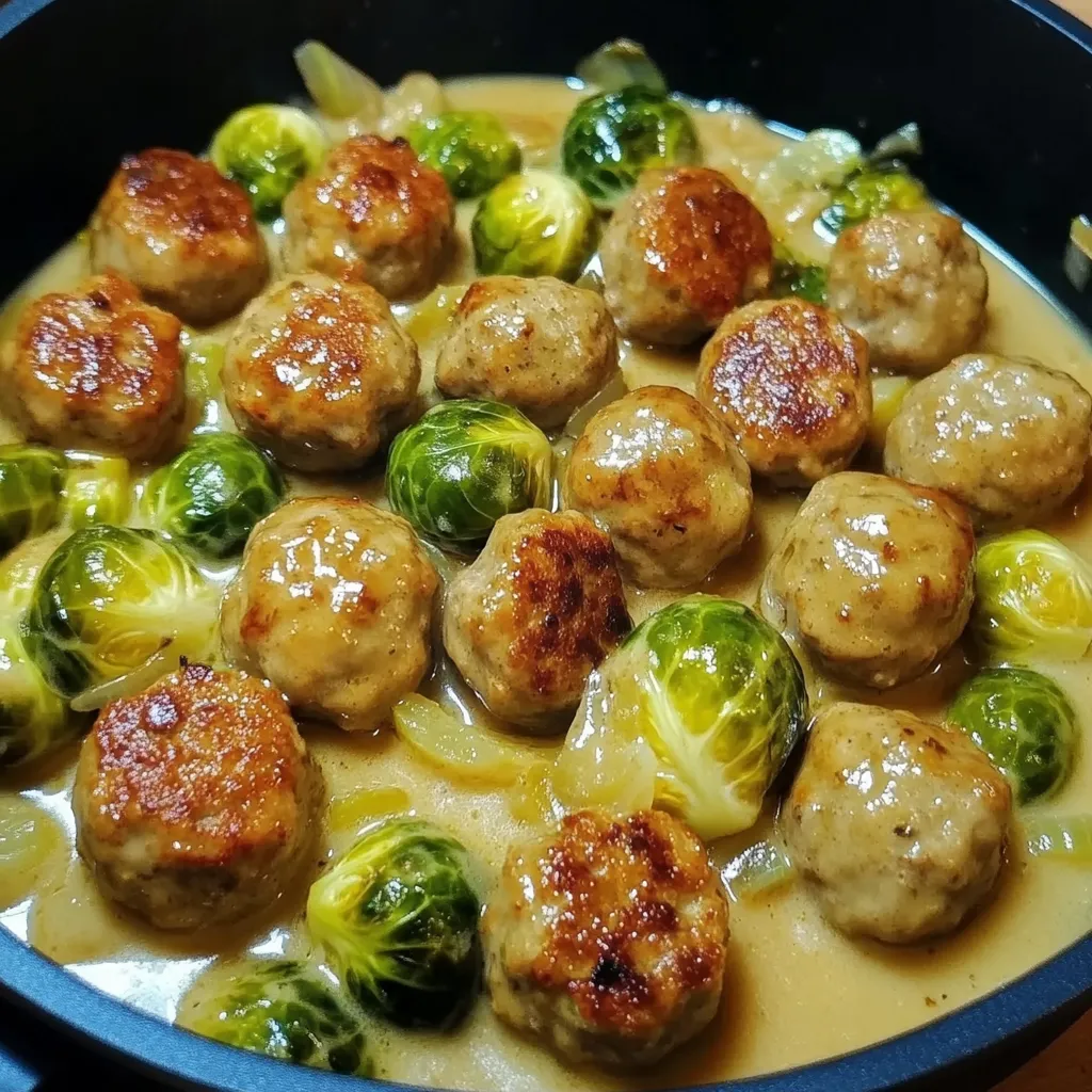 Ein Rosenkohleintopf mit Hackbällchen, die in einer Sauce liegen.