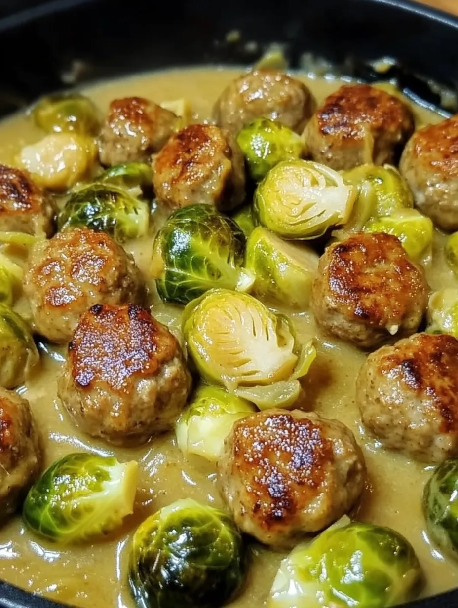Ein Bild von einer Rosenkohleintopf mit Hackbällchen, die in einer Sauce getaucht sind.