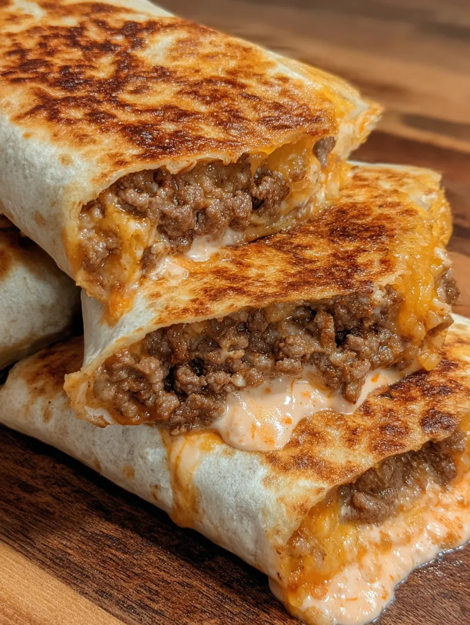 A stack of burritos with meat and cheese.