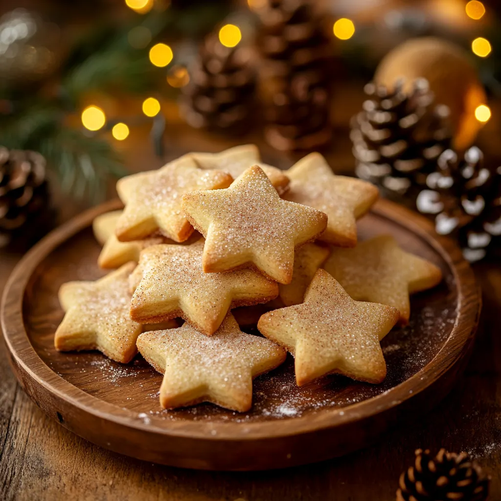 Eine Platte mit 12 weißen, süßen und glitzernden Star-Cookies, die auf einem Baumstamm befestemt sind.