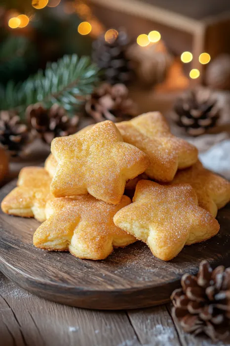 Eine Schüssel mit 12 weißen, glasigen, süßen und mit Zucker bestreuten Weihnachtssternchen auf einem Tisch.