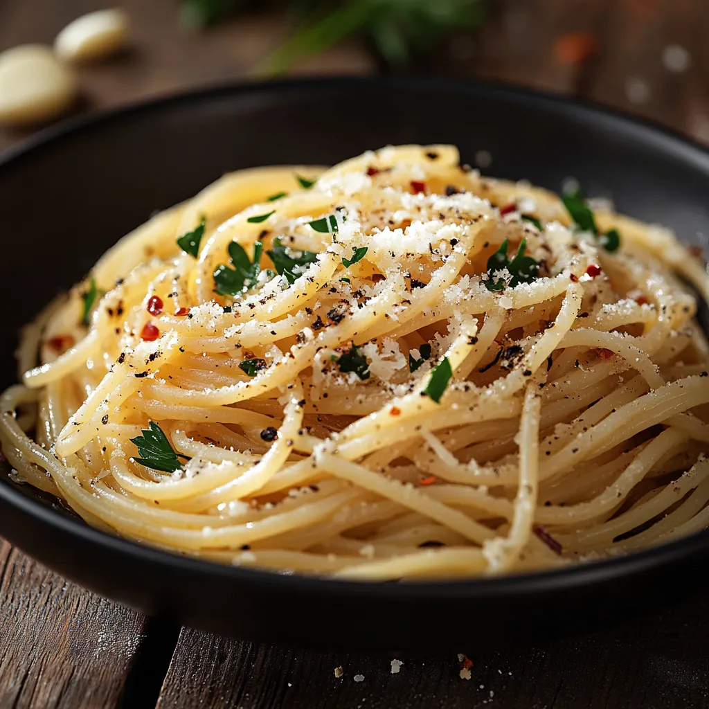 Ein schwarzes, leeres Schalen mit Pasta und Kräutern darauf.