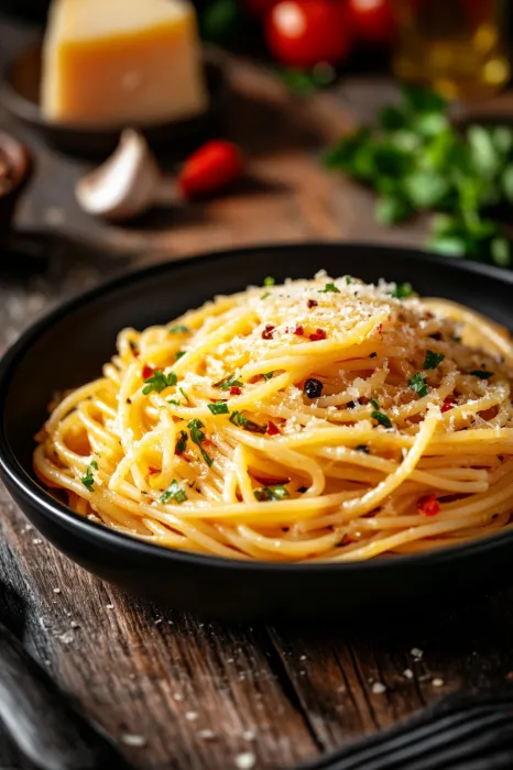 Ein schwarzes, leeres Bowl mit Pasta und Zwiebeln.