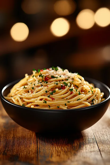 Ein schwarzes Bowl mit Spaghetti und Zwiebeln.